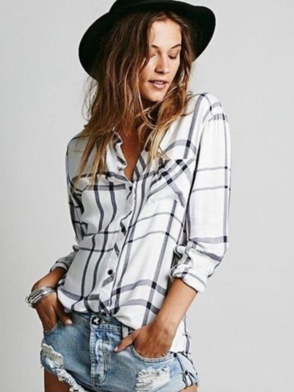 Free People X Rails 'Draped In Plaid' White Plaid Button-Down Shirt Size Small